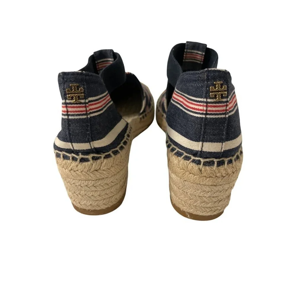 NEW Tory Burch Catalina Navy & Red Striped Denim Espadrille Wedge Sandals 7.5